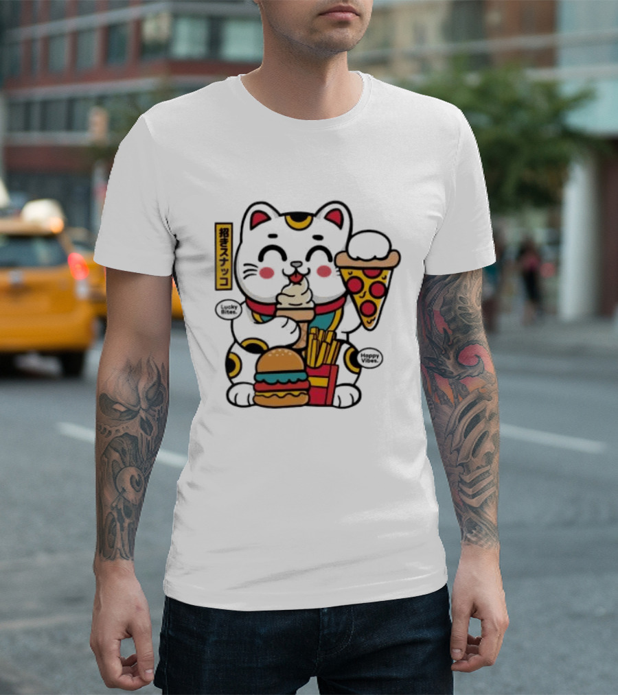 Lucky Bites Happy Vibes Maneki Neko Cat Ice Cream Pizza Burger Fries T-Shirt