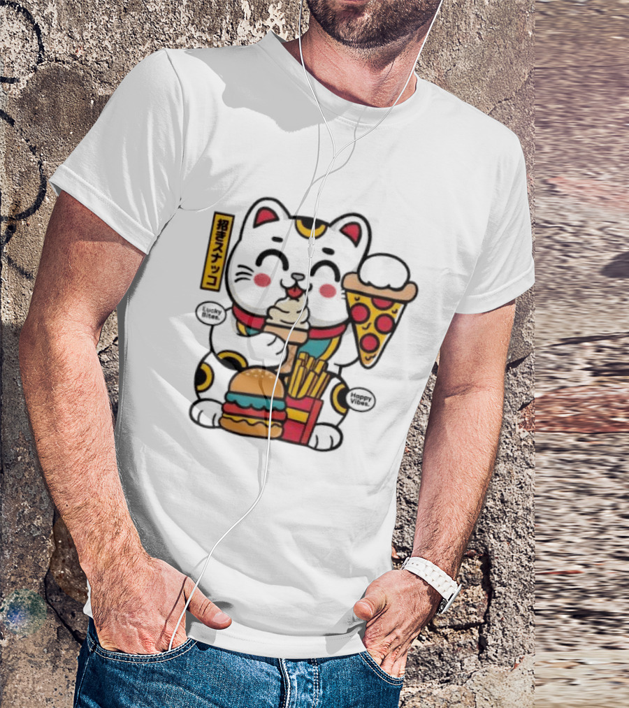 Lucky Bites Happy Vibes Maneki Neko Cat Ice Cream Pizza Burger Fries T-Shirt