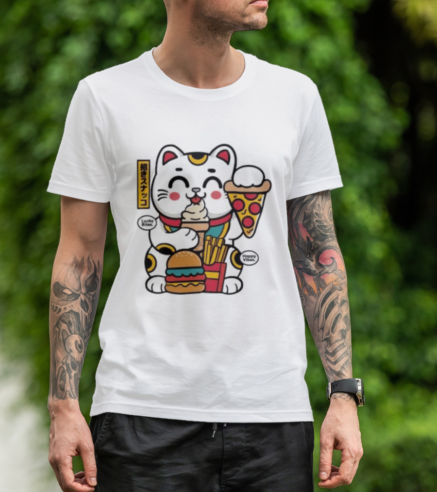 Lucky Bites Happy Vibes Maneki Neko Cat Ice Cream Pizza Burger Fries T-Shirt