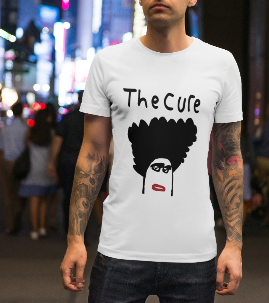 The Cure Hand Drawn Robert Smith Bold Hair Red Lips Black Glasses T-Shirt