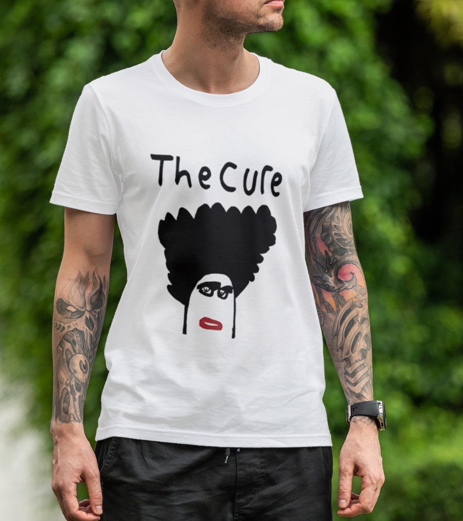 The Cure Hand Drawn Robert Smith Bold Hair Red Lips Black Glasses T-Shirt