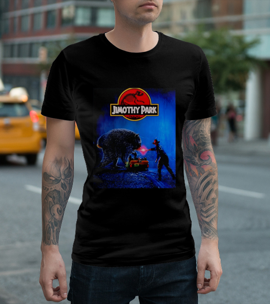 Jimothy Park Dinosaur Adventure Lampoon With Bear Scene T-Shirt