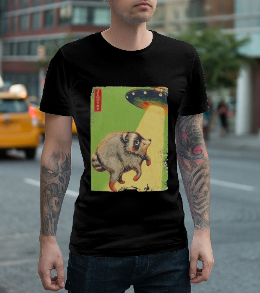Jimothy Raccoon Abducted By UFO Alien Beam On Green T-Shirt