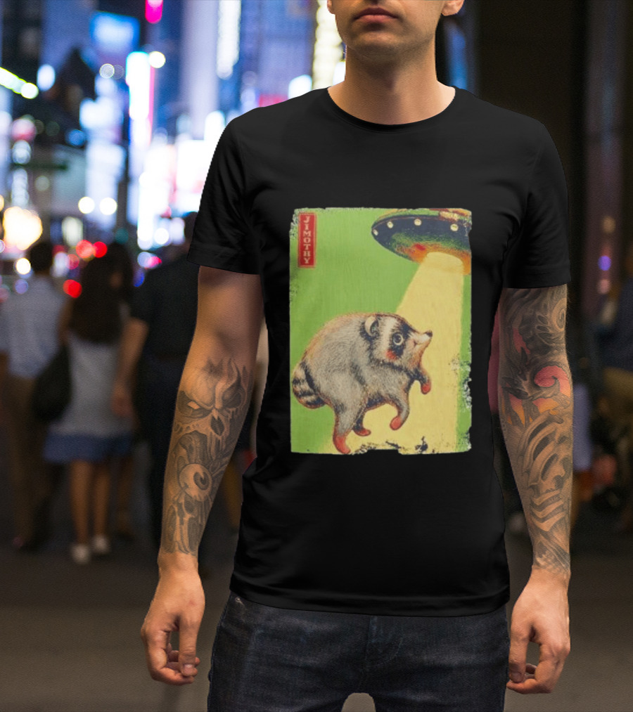 Jimothy Raccoon Abducted By UFO Alien Beam On Green T-Shirt