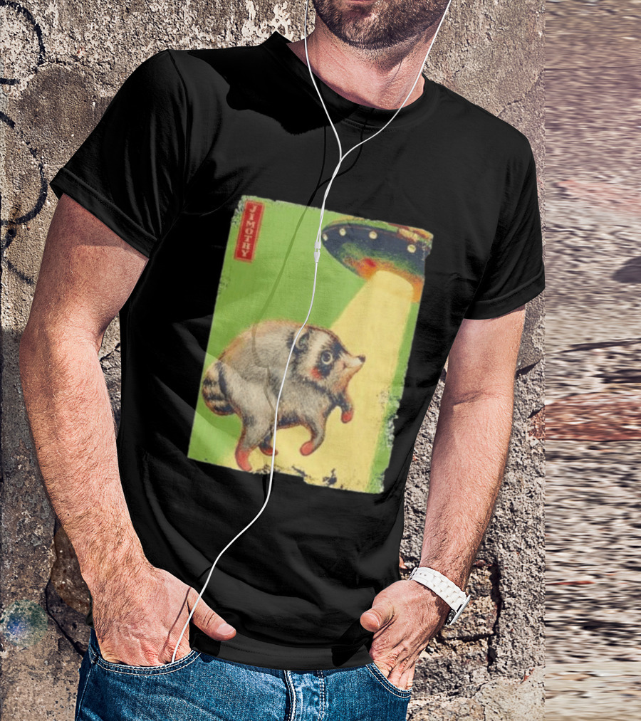 Jimothy Raccoon Abducted By UFO Alien Beam On Green T-Shirt