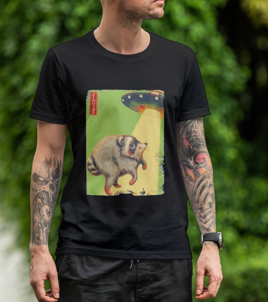 Jimothy Raccoon Abducted By UFO Alien Beam On Green T-Shirt