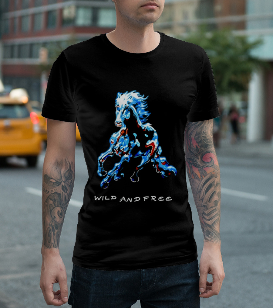 Wild Horse Wild And Free Blue Red Watercolor T-Shirt