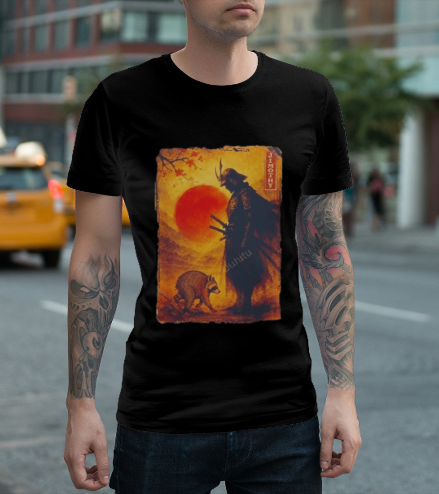 Jimothy Samurai Warrior And Raccoon Japanese Sunset T-Shirt