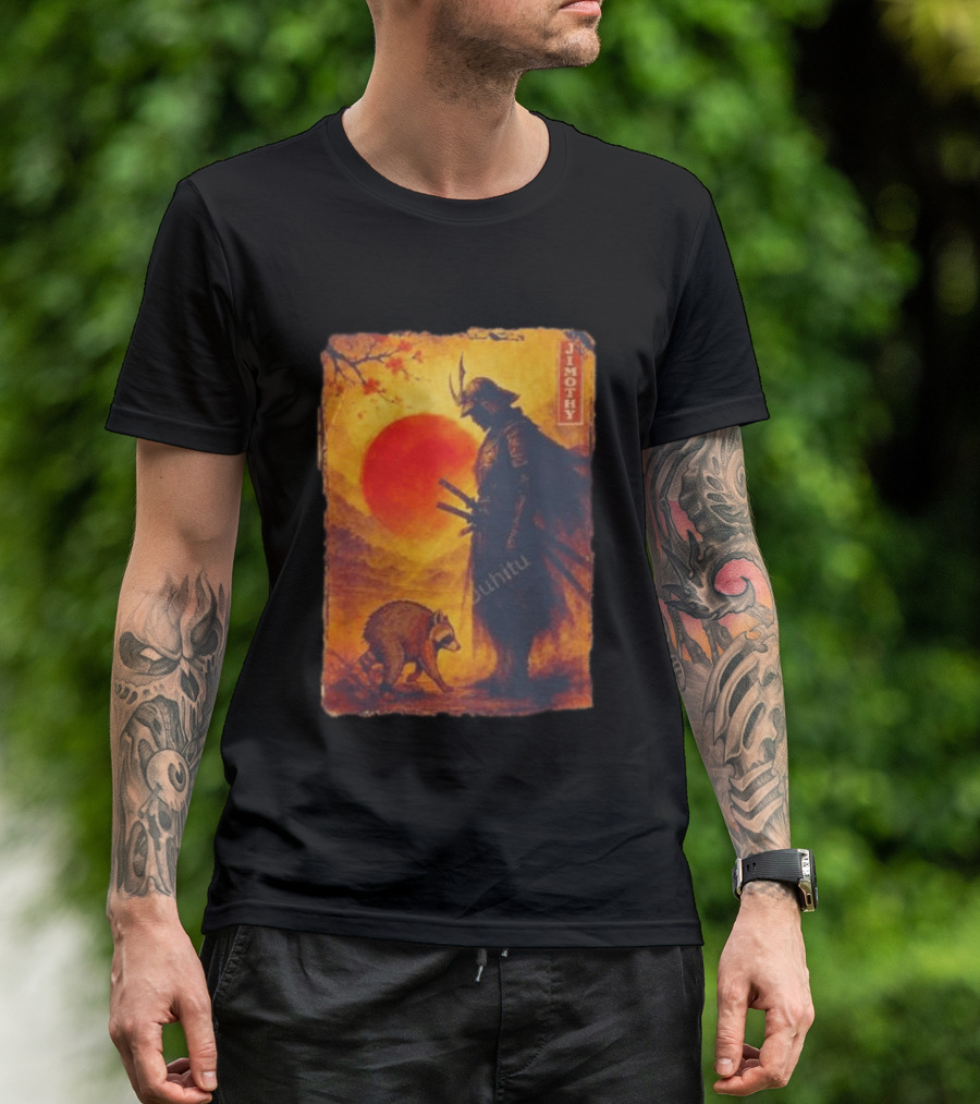 Jimothy Samurai Warrior And Raccoon Japanese Sunset T-Shirt