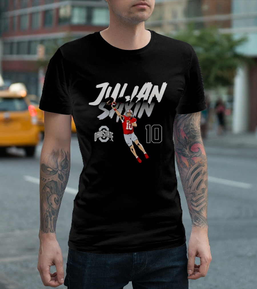 Julian Sayin Ohio State Buckeyes Number 10 Football Player Action Pose T-Shirt