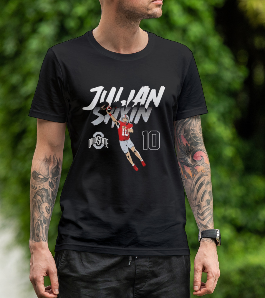 Julian Sayin Ohio State Buckeyes Number 10 Football Player Action Pose T-Shirt