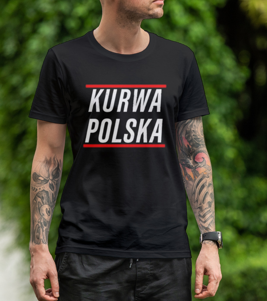 Kurwa Polska Bold White Text Design Red Lines T-Shirt