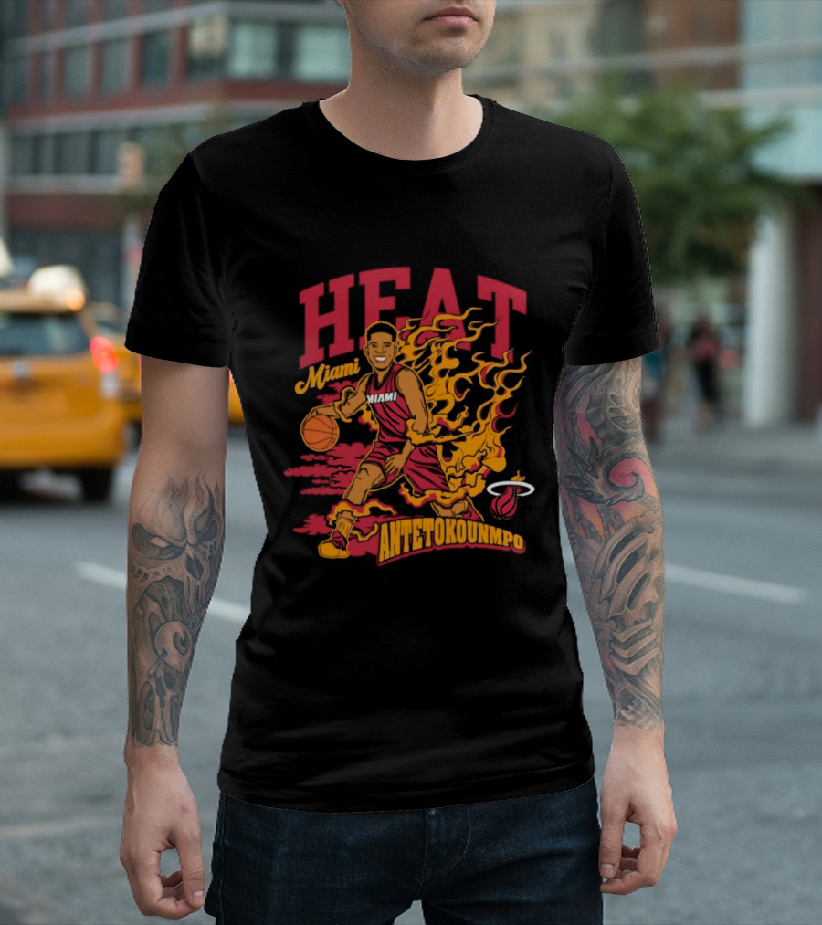 Miami Heat Giannis Antetokounmpo Basketball Caricature With Flames T-Shirt