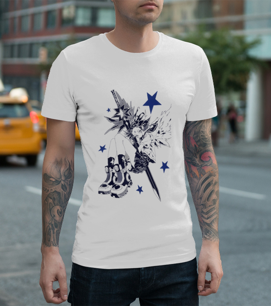 Arkestar Anime Girl Sword Wings Blue Stars T-Shirt