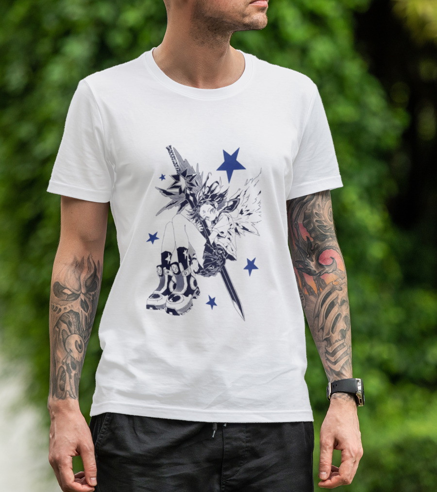 Arkestar Anime Girl Sword Wings Blue Stars T-Shirt