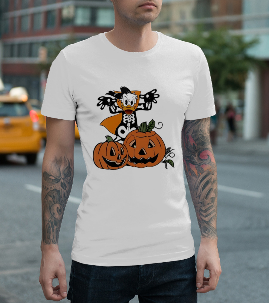 Donald Duck Skeleton Costume With Pumpkins Disney Halloween T-Shirt