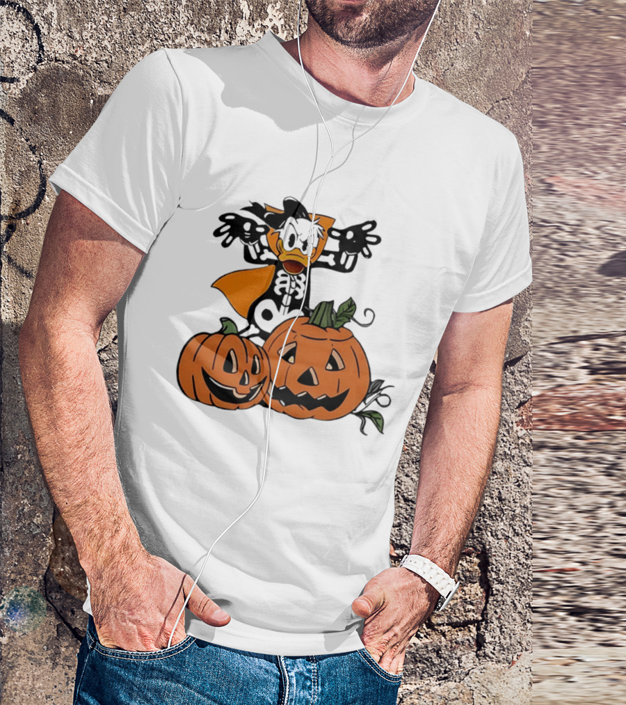 Donald Duck Skeleton Costume With Pumpkins Disney Halloween T-Shirt