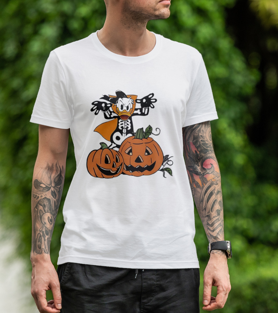 Donald Duck Skeleton Costume With Pumpkins Disney Halloween T-Shirt