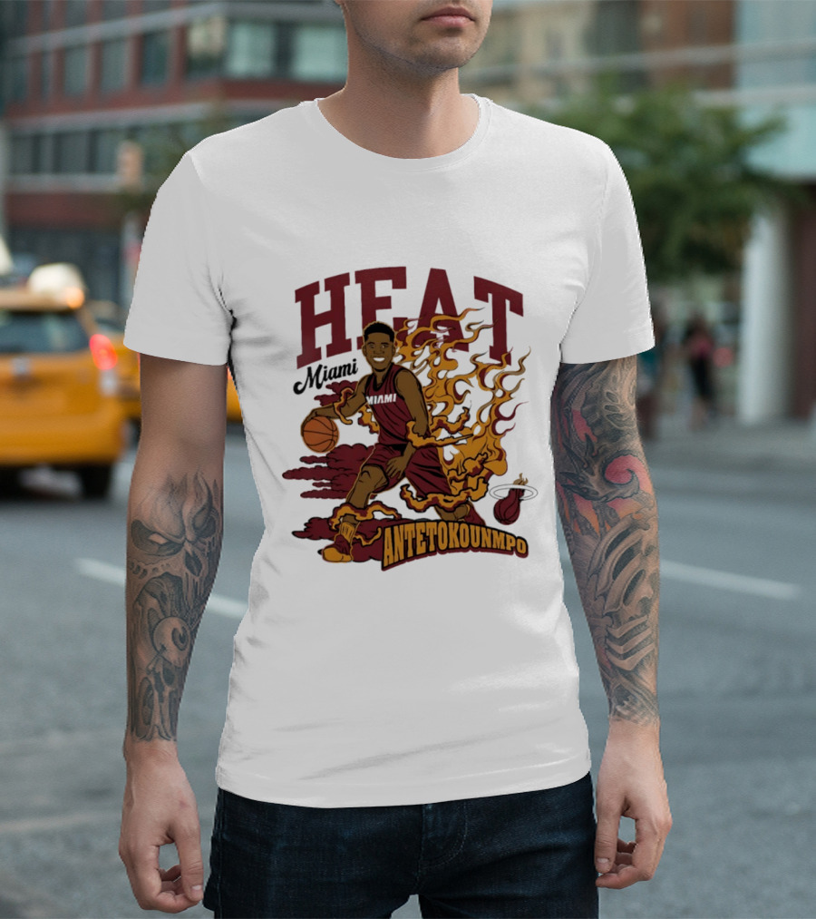 Miami Heat Antetokounmpo Basketball Flame Comic T-Shirt