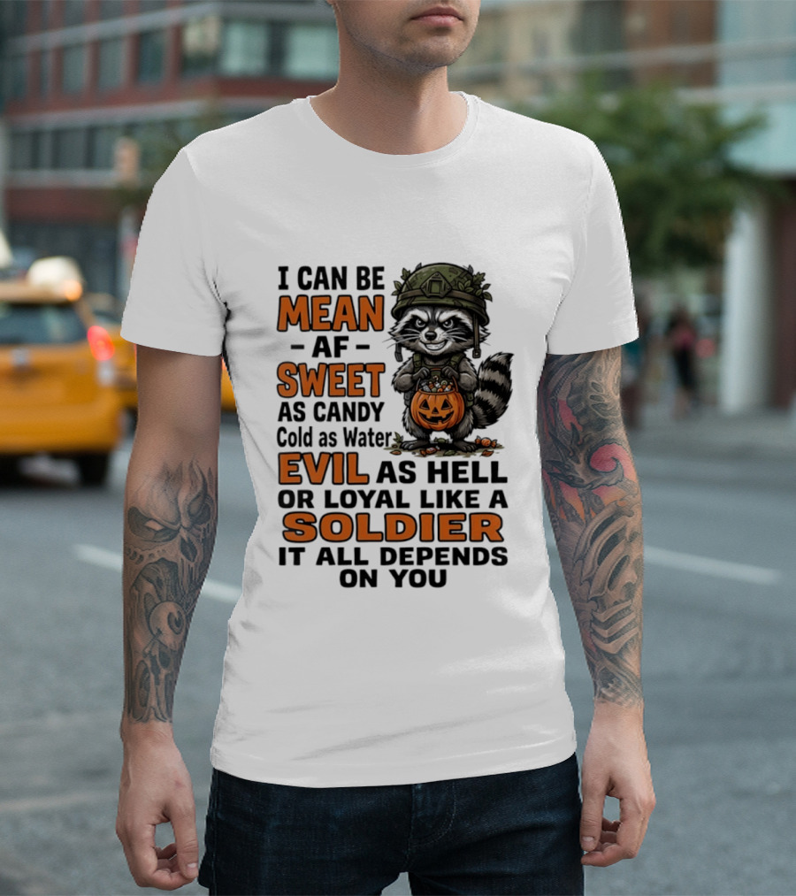 Raccoon I Can Be Mean AF Sweet As Candy Cold As Water Evil As Hell Or Loyal Like A Soldier It All Depends On You T-Shirt