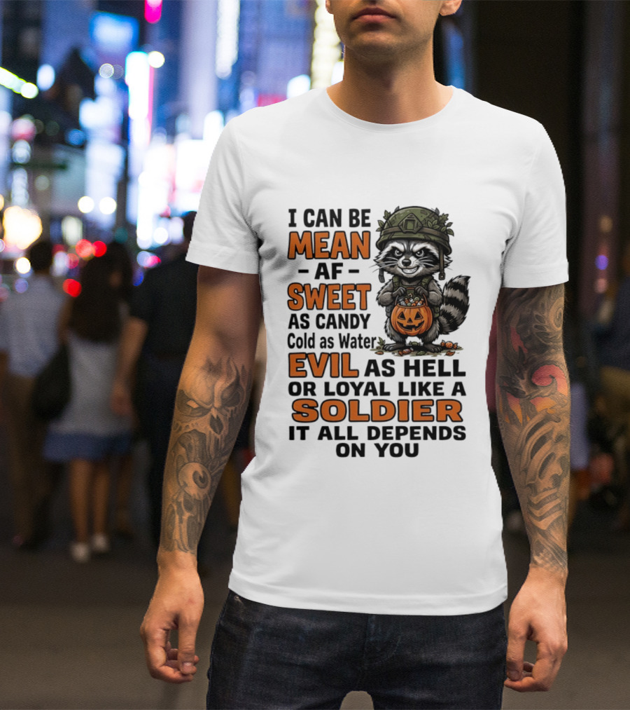 Raccoon I Can Be Mean AF Sweet As Candy Cold As Water Evil As Hell Or Loyal Like A Soldier It All Depends On You T-Shirt