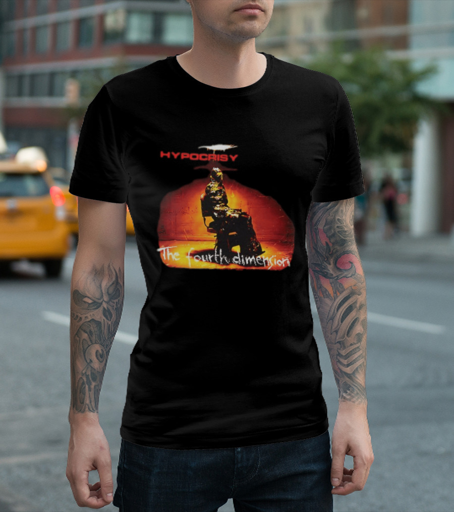 Hypocrisy The Fourth Dimension Red Text And Seated Figure T-Shirt