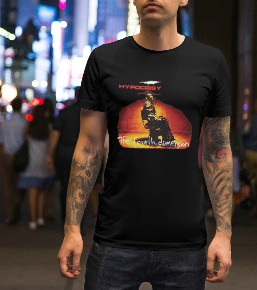 Hypocrisy The Fourth Dimension Red Text And Seated Figure T-Shirt