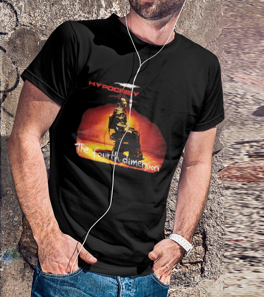Hypocrisy The Fourth Dimension Red Text And Seated Figure T-Shirt
