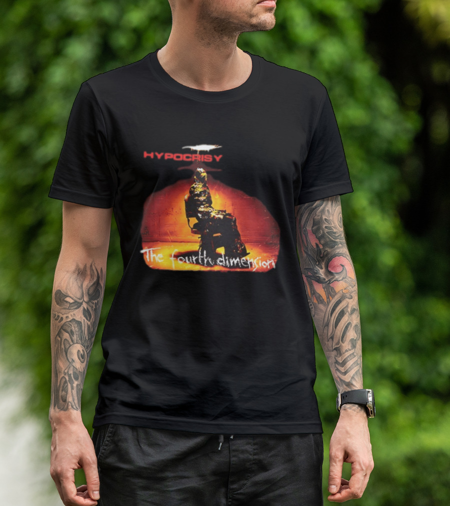 Hypocrisy The Fourth Dimension Red Text And Seated Figure T-Shirt