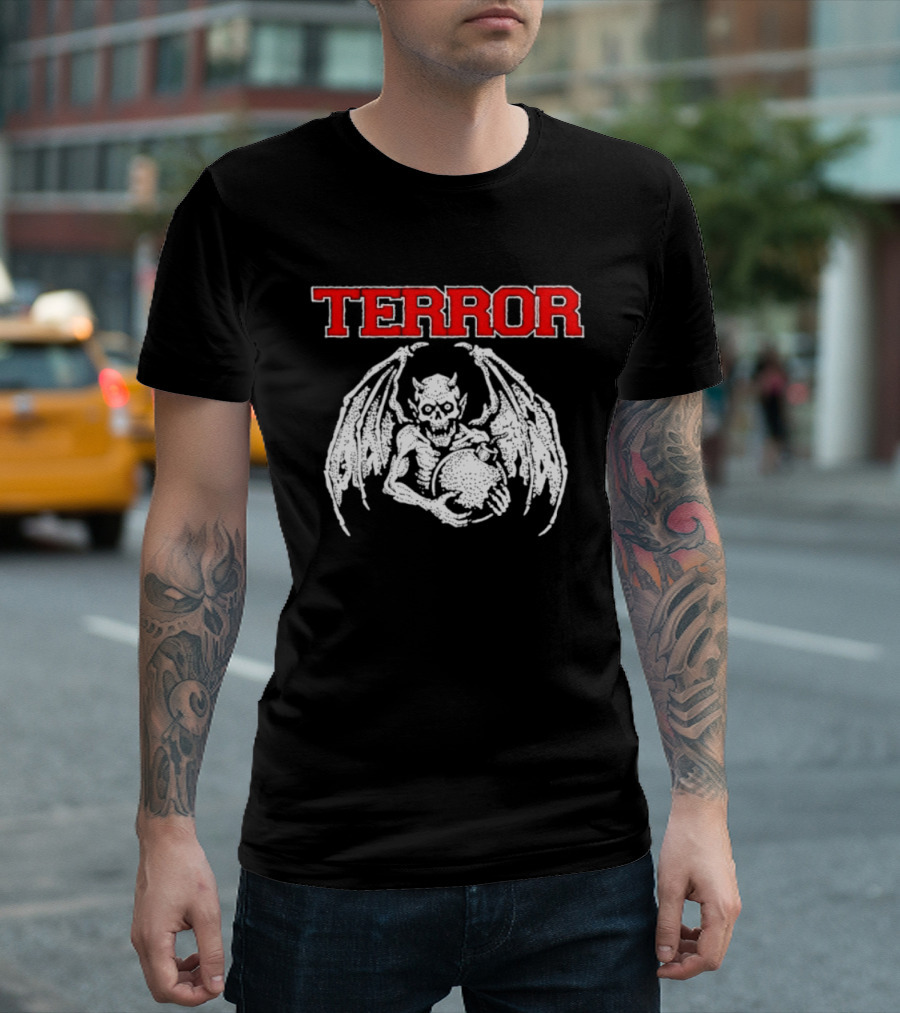 Terror Red Lettering Demon With Wings Holding Bomb T-Shirt