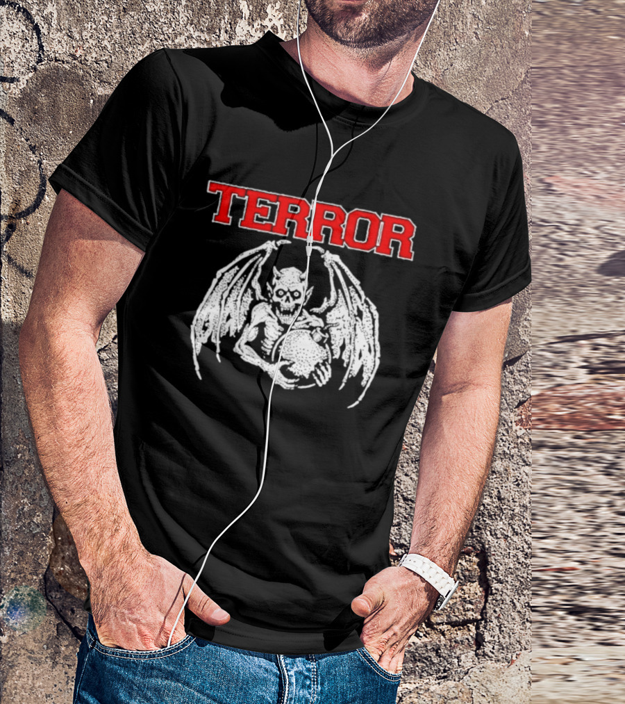 Terror Red Lettering Demon With Wings Holding Bomb T-Shirt