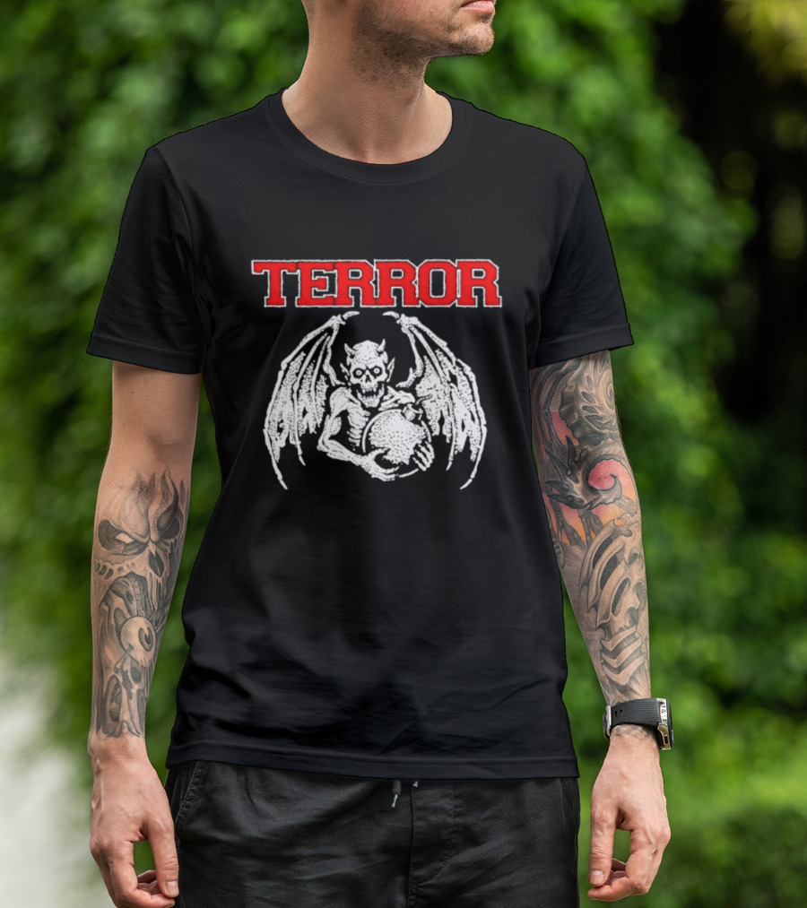 Terror Red Lettering Demon With Wings Holding Bomb T-Shirt