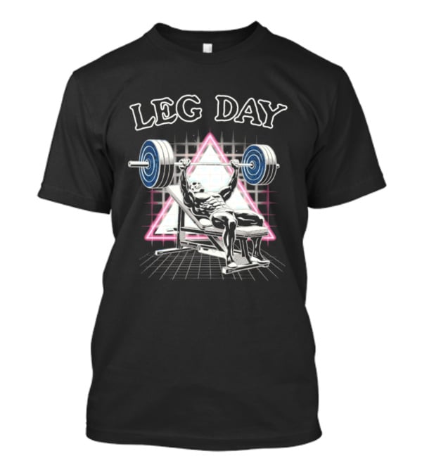 Leg Day Skeleton Weightlifting Gym Bodybuilding 80s Aesthetic Neon Triangle T-Shirt