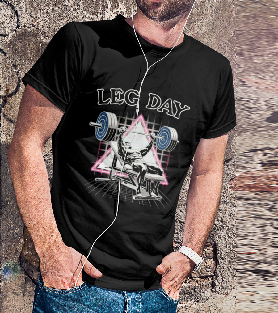 Leg Day Skeleton Weightlifting Gym Bodybuilding 80s Aesthetic Neon Triangle T-Shirt