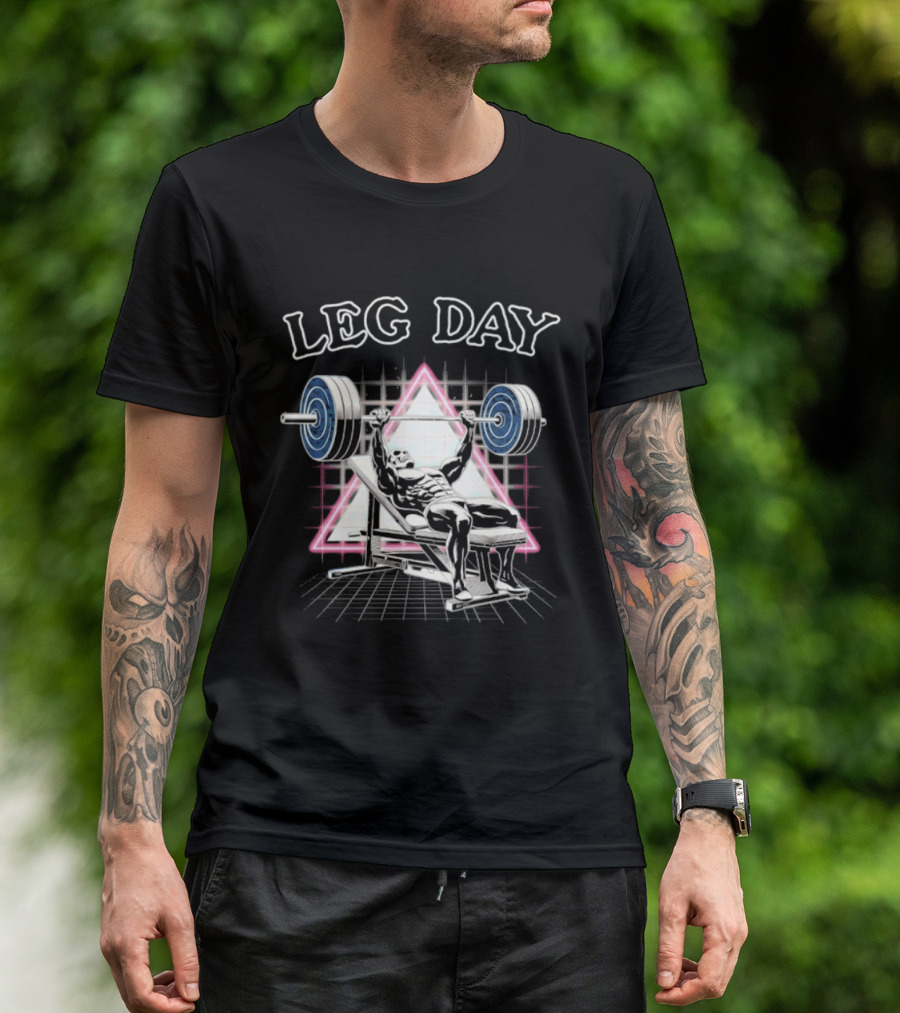Leg Day Skeleton Weightlifting Gym Bodybuilding 80s Aesthetic Neon Triangle T-Shirt
