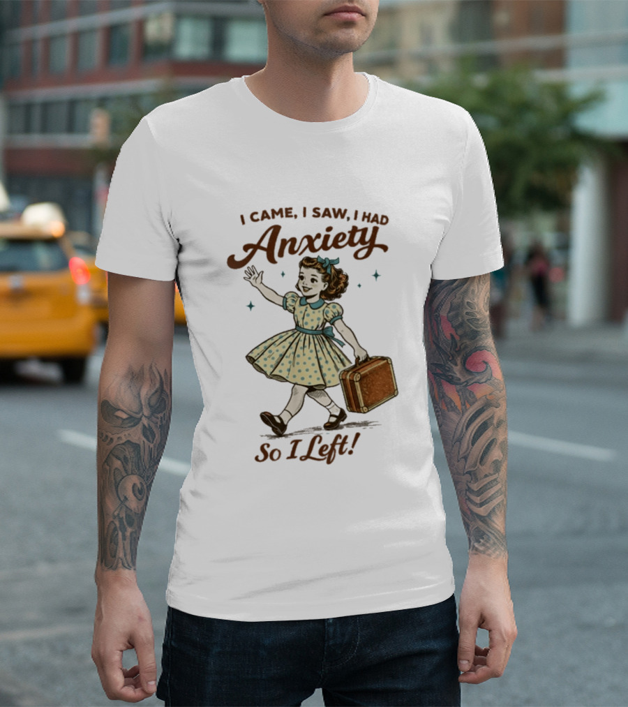 I Came I Saw I Had Anxiety So I Left Vintage Style Retro Girl Carrying Suitcase T-Shirt