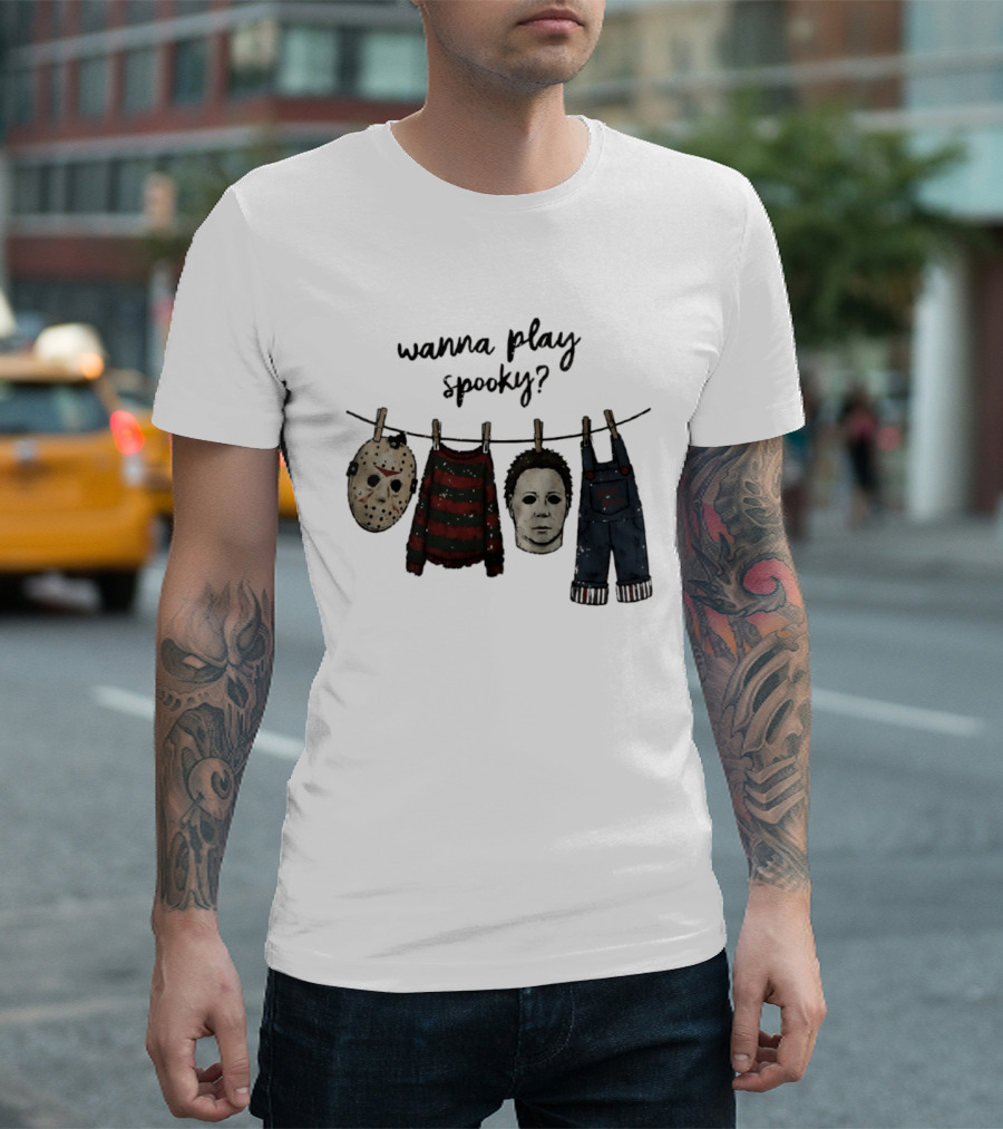 Wanna Play Spooky Halloween Horror Mask And Costume References T-Shirt