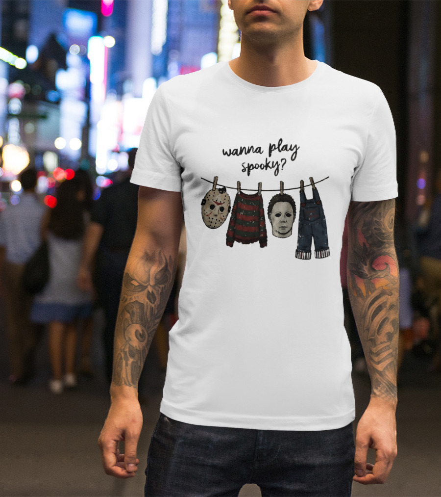 Wanna Play Spooky Halloween Horror Mask And Costume References T-Shirt