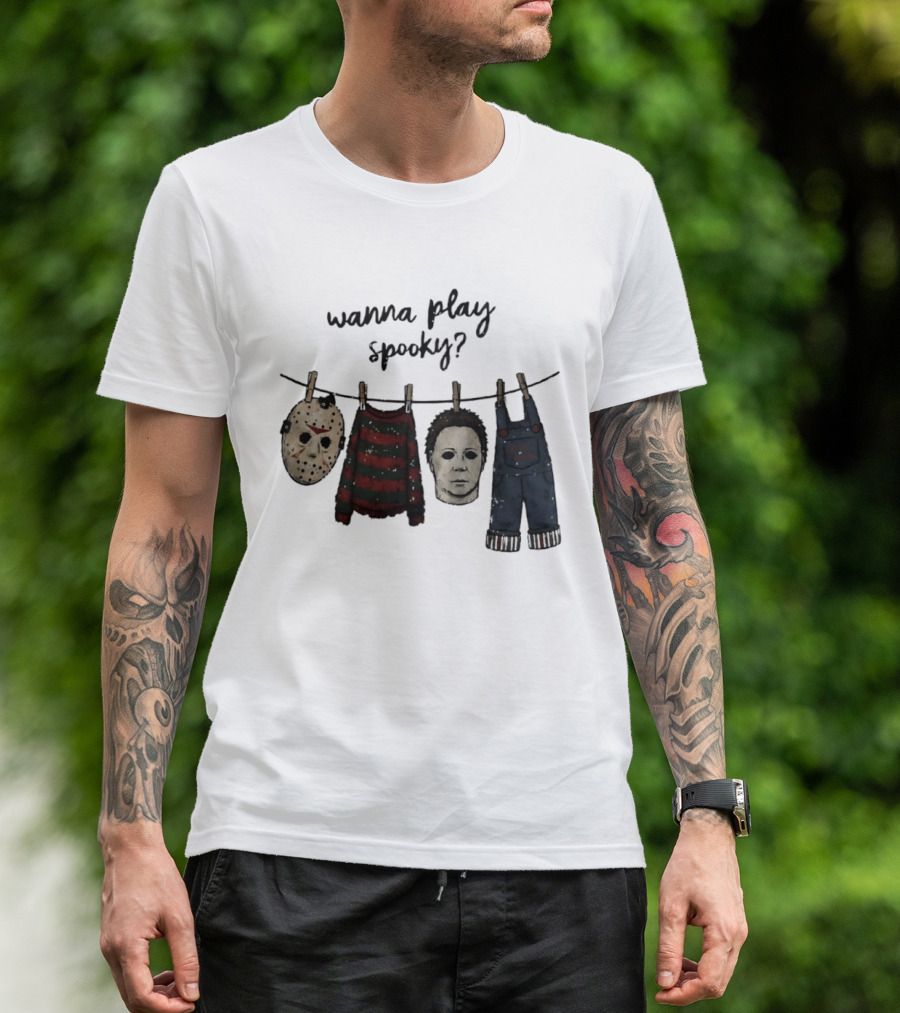 Wanna Play Spooky Halloween Horror Mask And Costume References T-Shirt