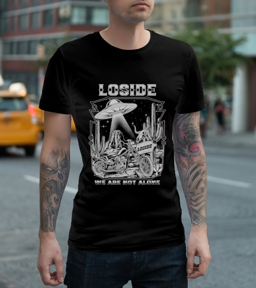 Loside We Are Not Alone UFO Motorcycle Desert Scene Cactus Stars T-Shirt