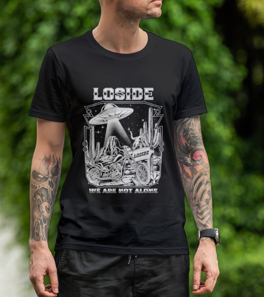 Loside We Are Not Alone UFO Motorcycle Desert Scene Cactus Stars T-Shirt