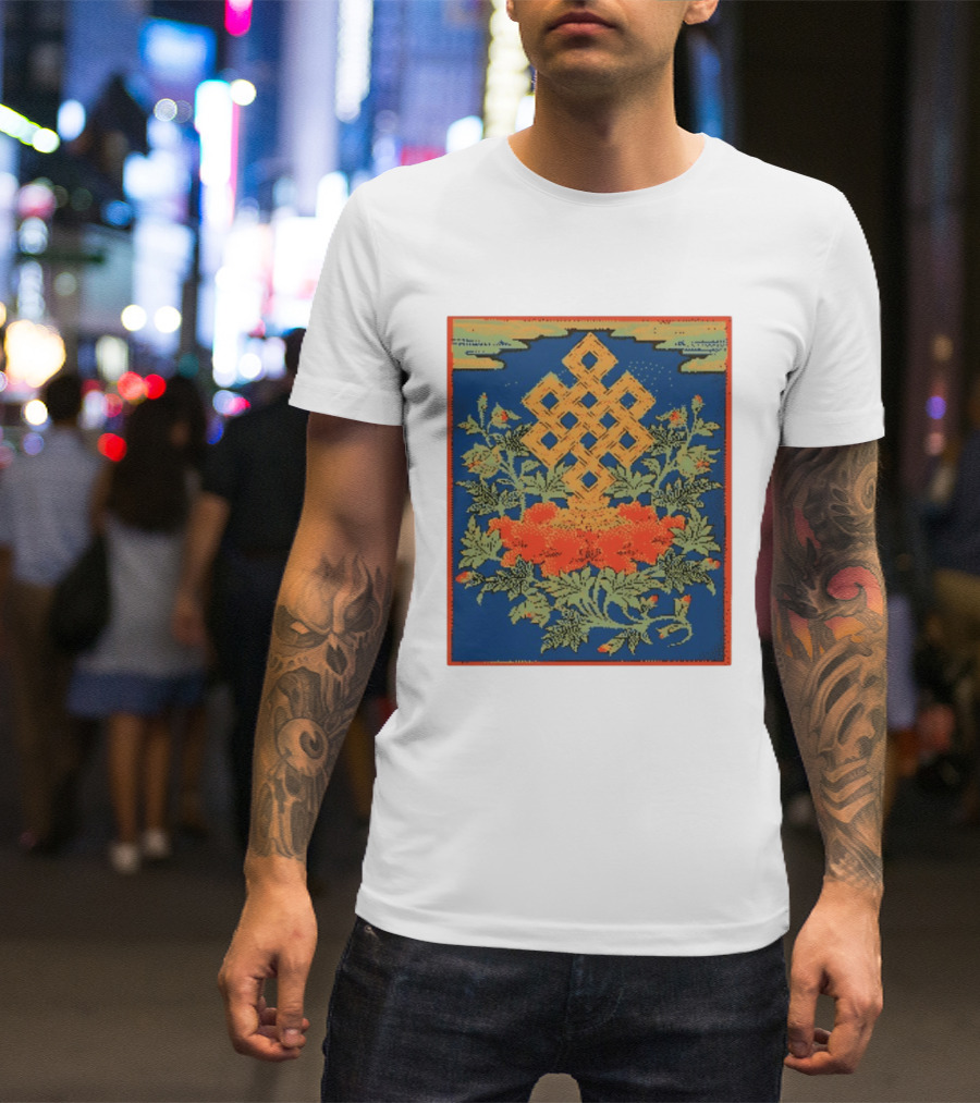 Srivatsa Endless Knot Floral Design Buddhist Symbol With Blossoms T-Shirt