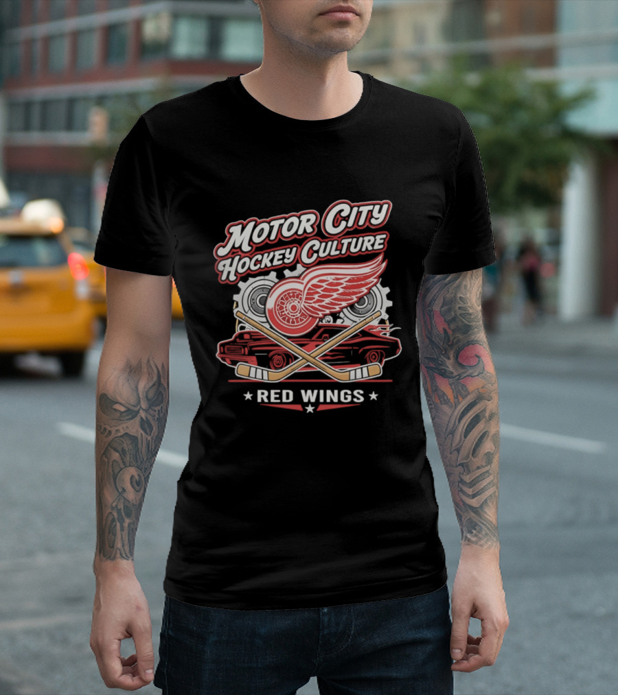 Motor City Hockey Culture Red Wings NHL Classic Logo And Car T-Shirt