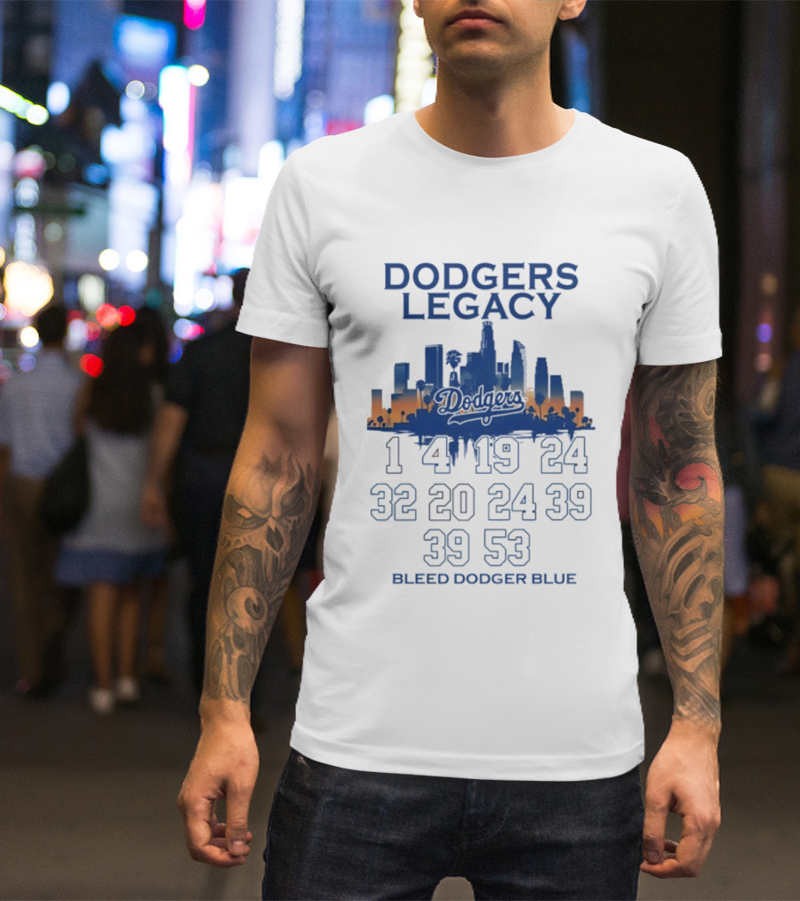 Dodgers Legacy 1 4 19 24 32 20 24 39 39 53 Bleed Dodger Blue Skyline Dodgers T-Shirt