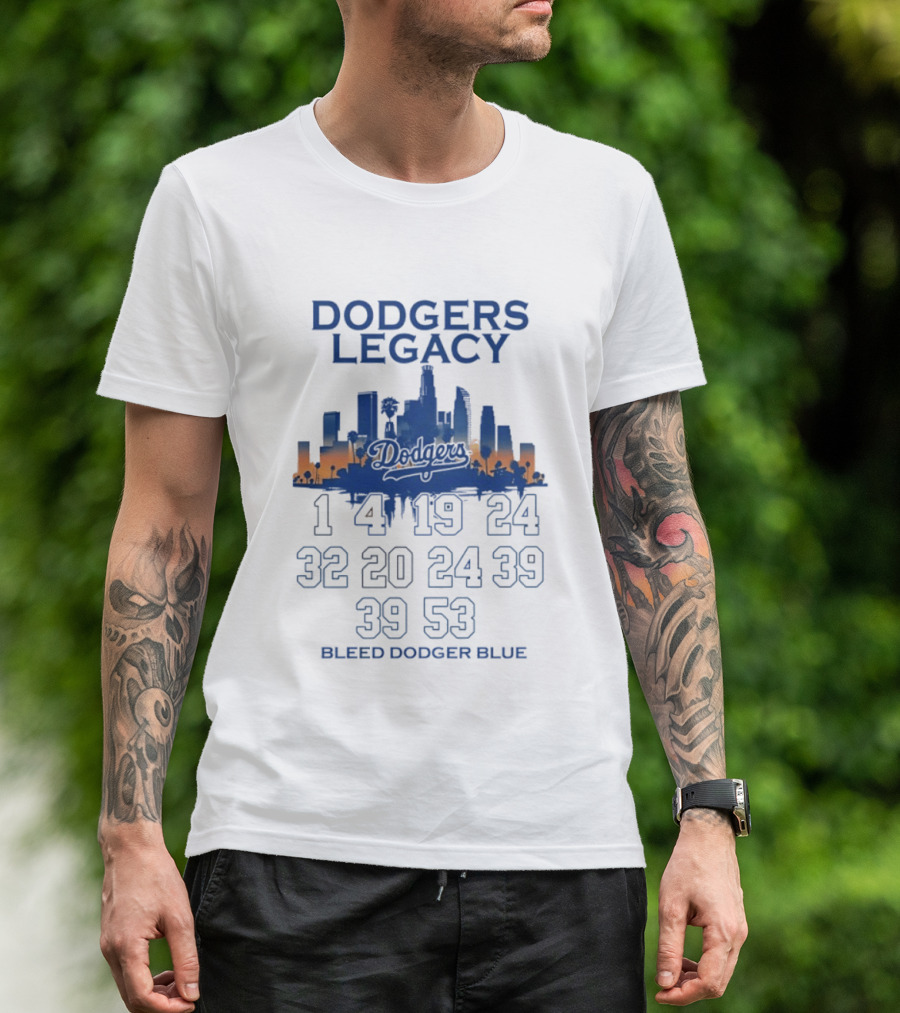 Dodgers Legacy 1 4 19 24 32 20 24 39 39 53 Bleed Dodger Blue Skyline Dodgers T-Shirt