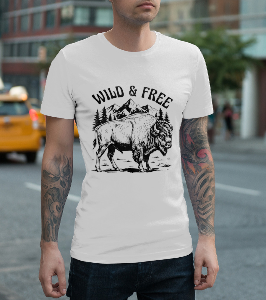 Wild And Free Bison With Mountain And Forest Scene T-Shirt