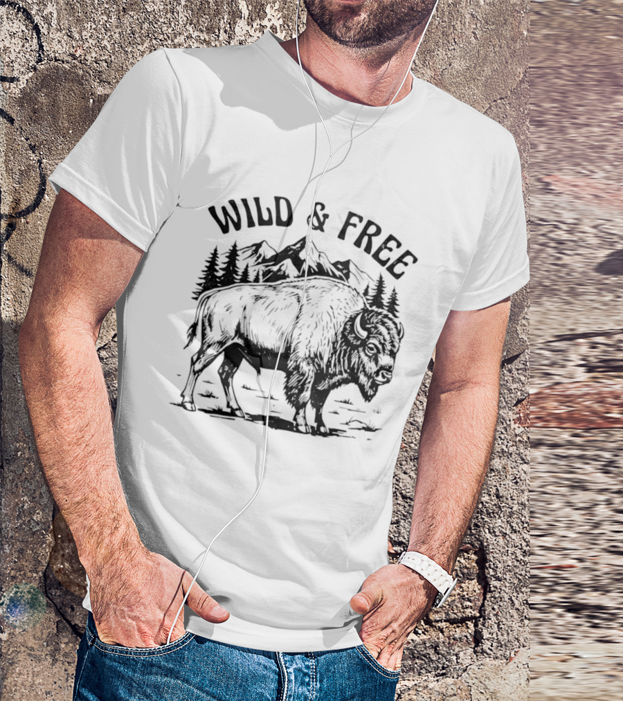 Wild And Free Bison With Mountain And Forest Scene T-Shirt
