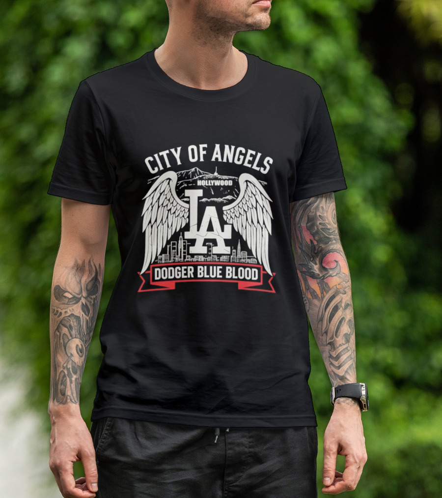 City Of Angels LA Hollywood Dodger Blue Blood Wings Skyline T-Shirt
