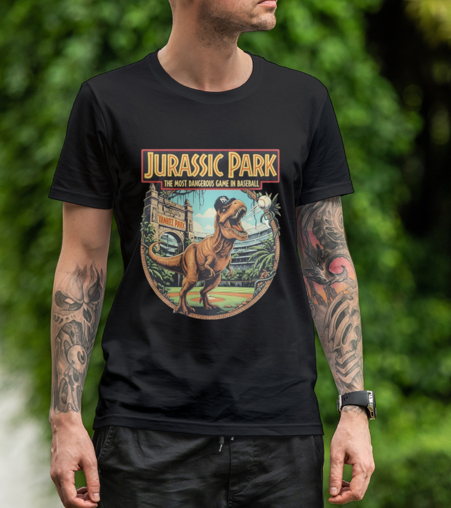 Jurassic Park The Most Dangerous Game In Baseball Yankee Park Rex Stadium Adventure T-Shirt