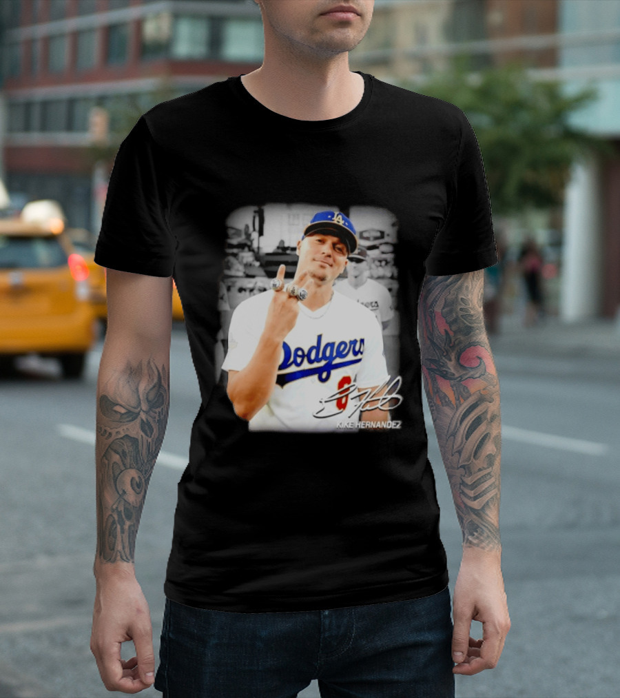 Kike Hernandez Los Angeles Dodgers MLB Number 14 Autographed Photo T-Shirt